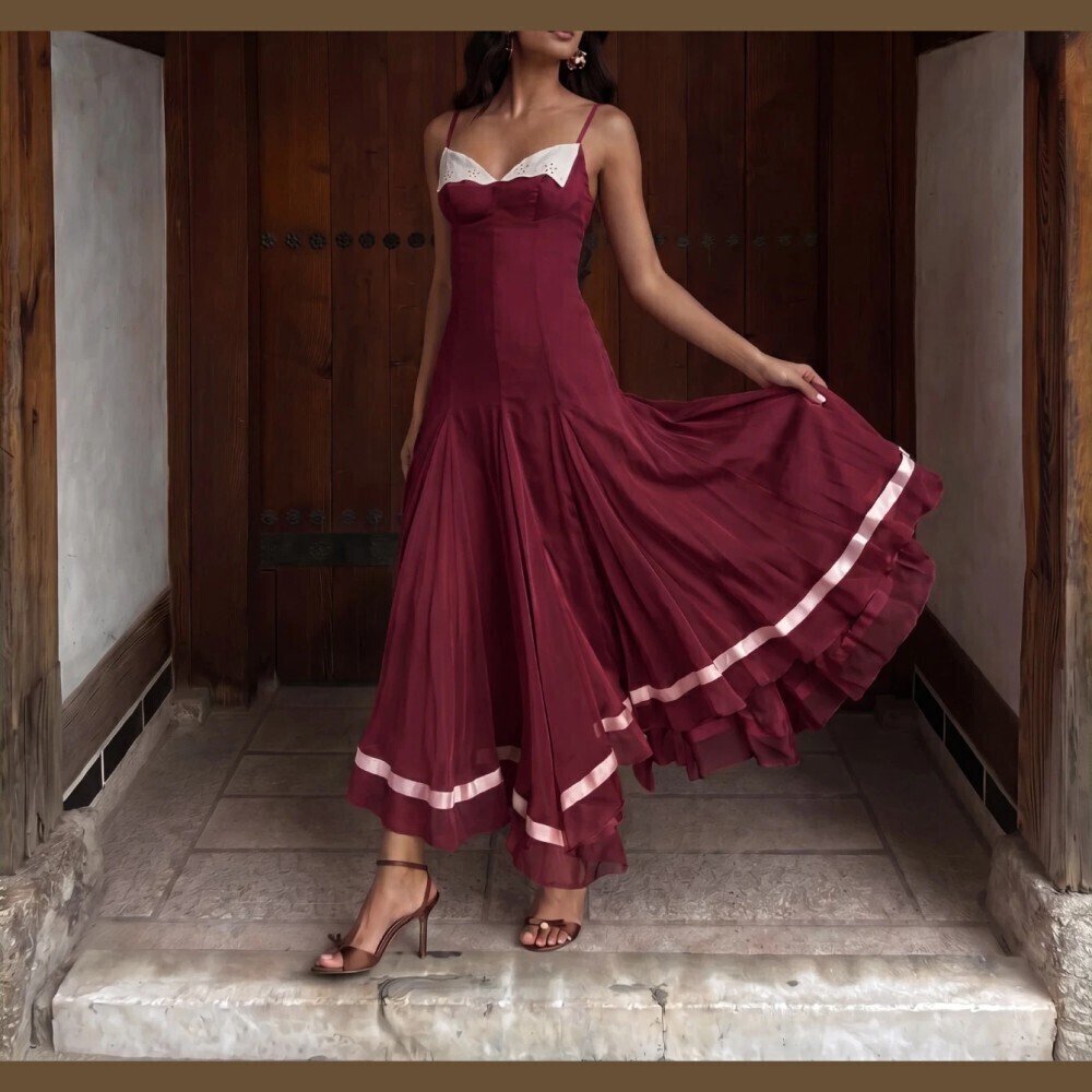 Burgundy Contrast Lace Trim Tiered Ribbon Hem Maxi Dress